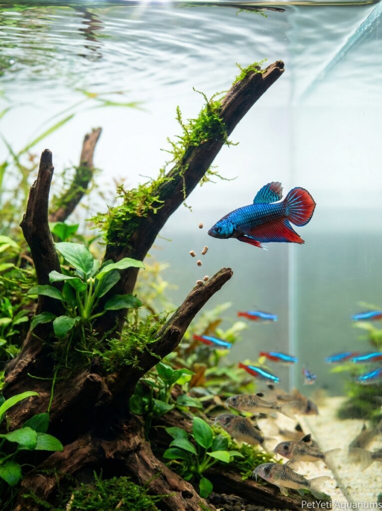 Community fish feeding together in a planted aquarium.