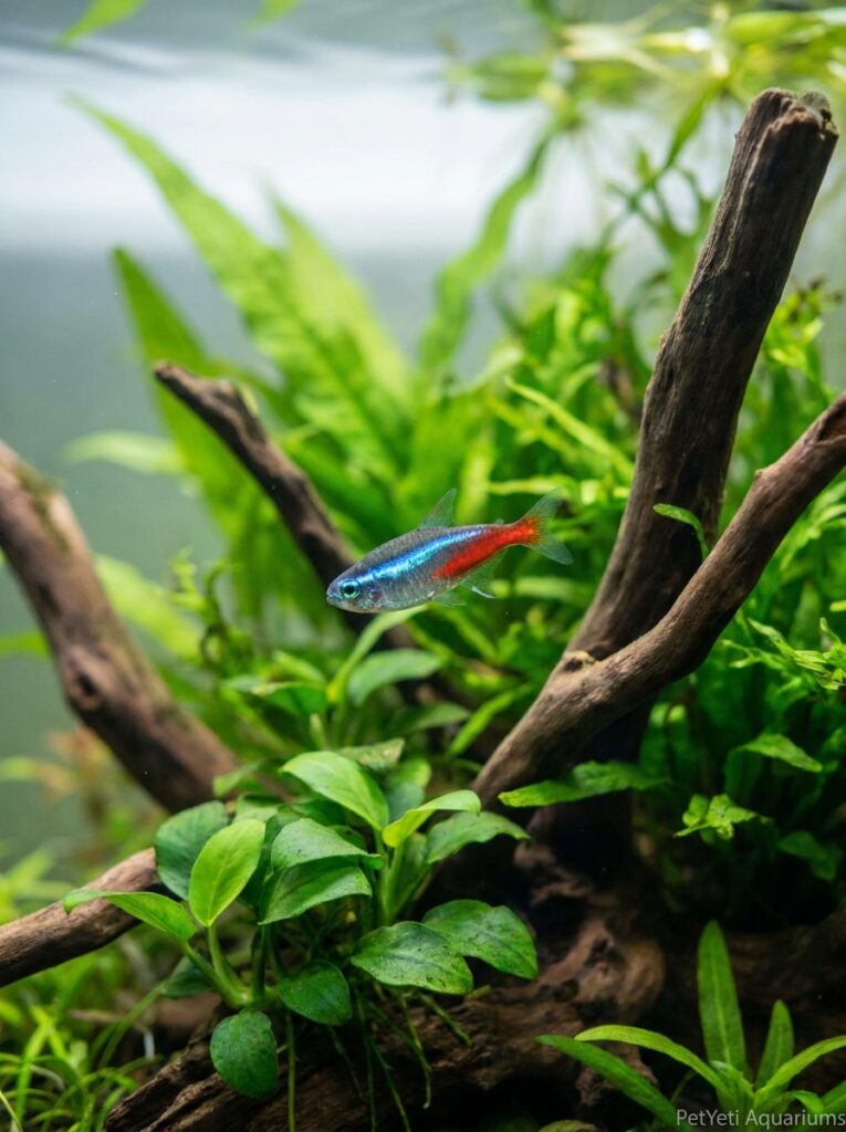Community fish being observed in a healthy planted aquarium.