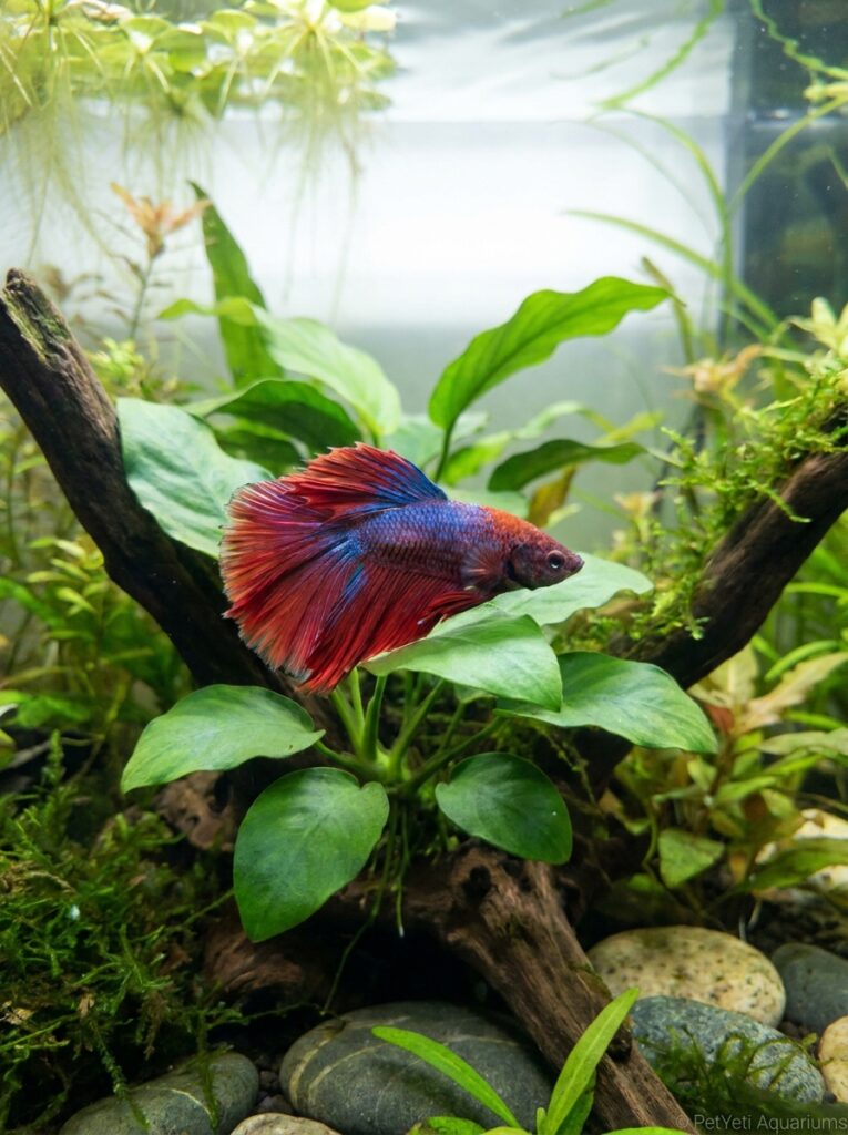 Mature Betta fish resting comfortably among live aquarium plants.
