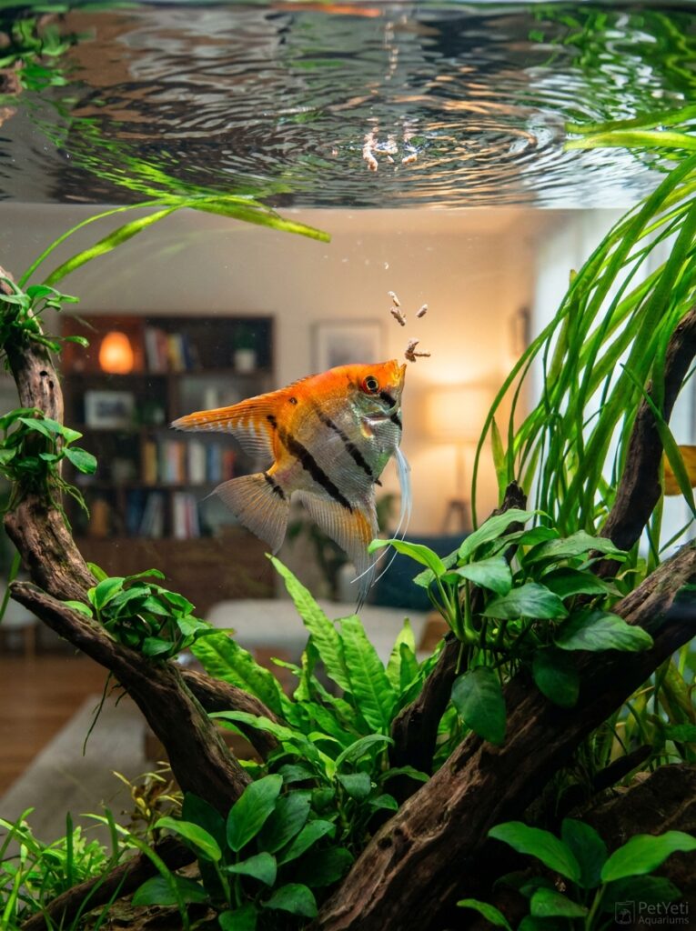 Healthy community fish feeding confidently in a thriving aquarium.