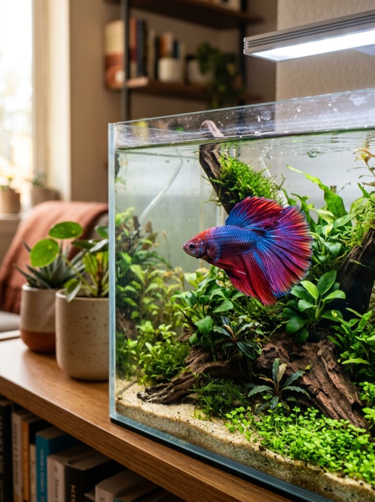 Vibrant betta fish swimming in a planted 10-gallon aquarium