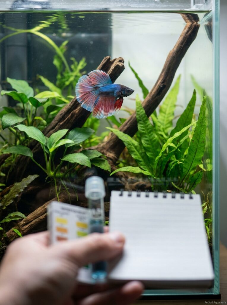 Betta fish being carefully observed in a healthy planted aquarium.