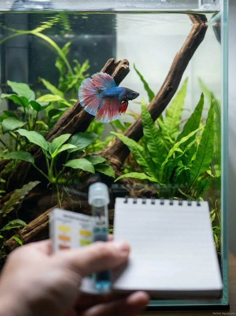 Betta fish being carefully observed in a healthy planted aquarium.