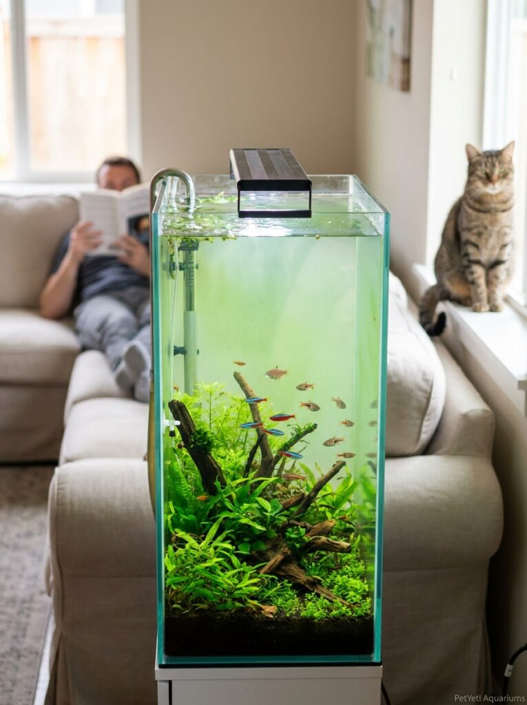 Planted aquarium with a slight green water tint in a modern living room.