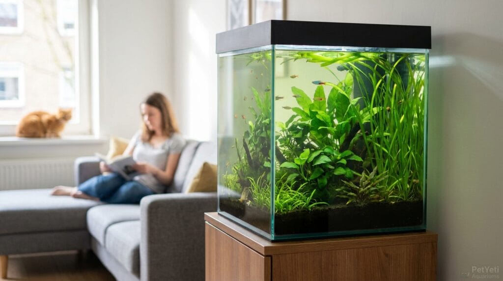 Why is my aquarium water green? Planted aquarium with a slight green water tint in a modern living room.