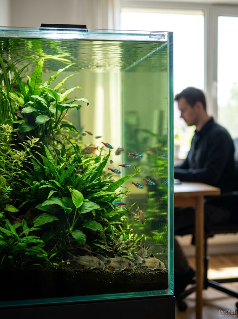 Healthy planted aquarium showing mild green water caused by algae.