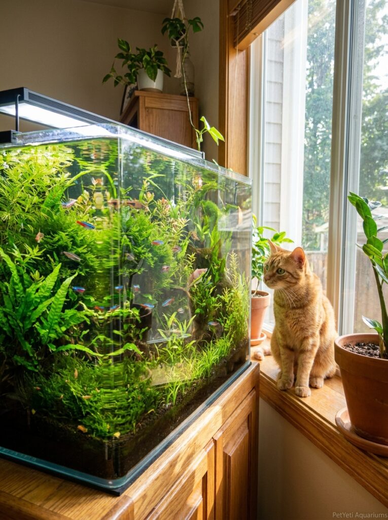 Aquarium receiving strong sunlight from a nearby window.