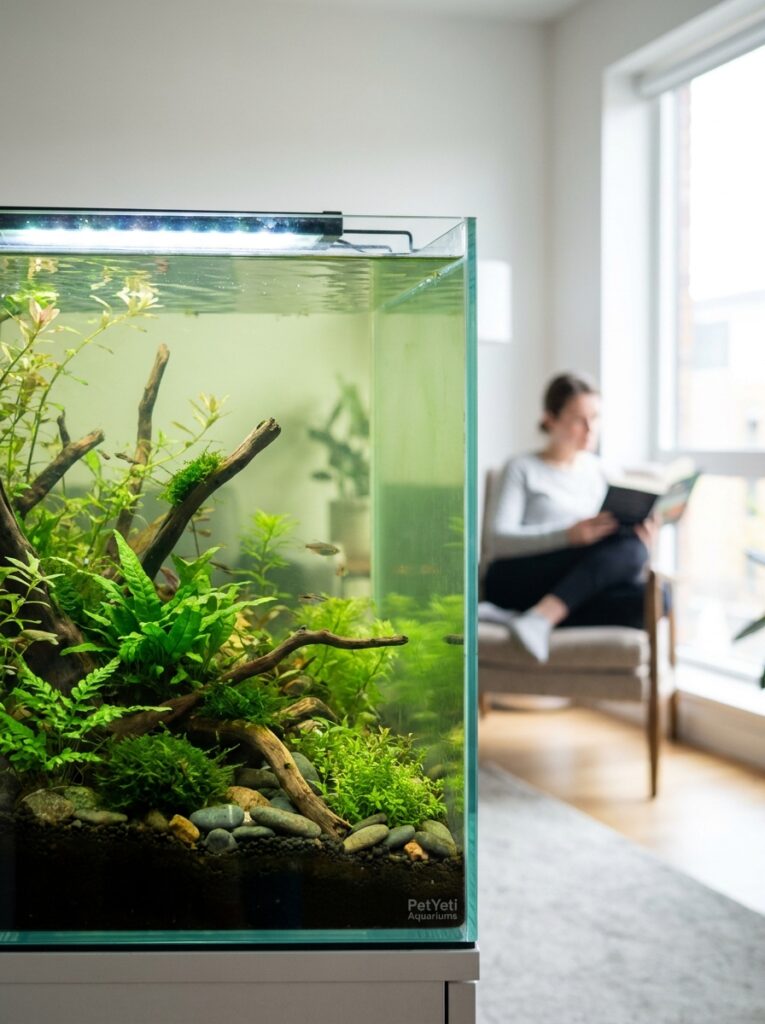 Newly established planted aquarium with slight green water.