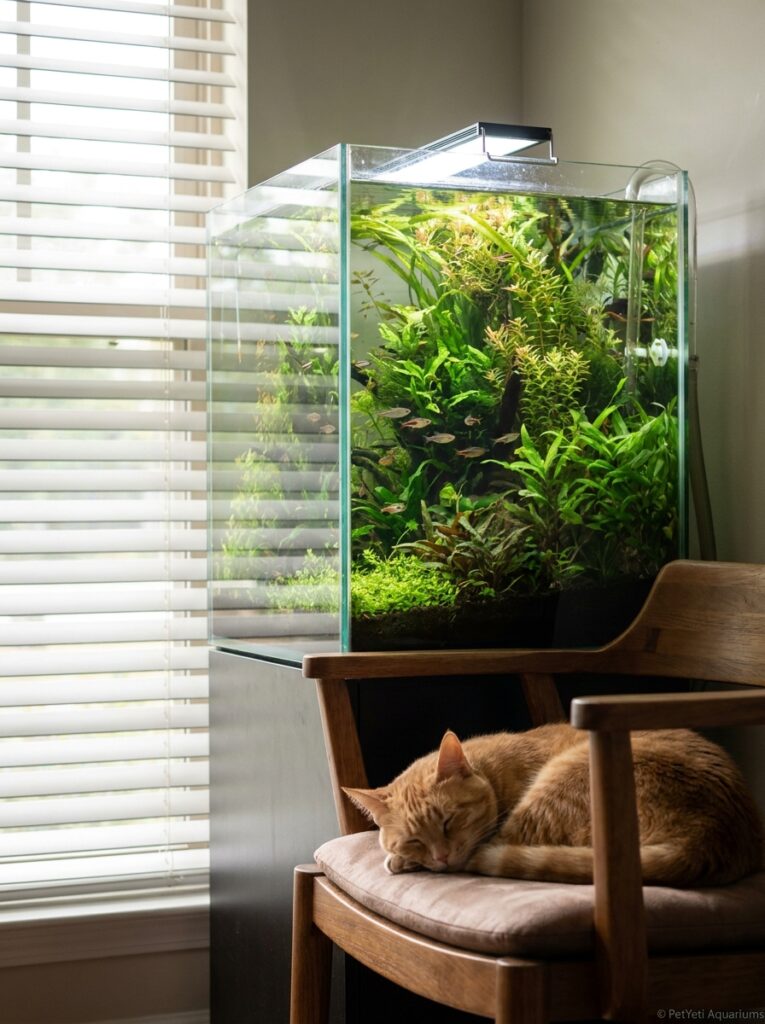 Healthy aquarium with balanced lighting and filtered sunlight.