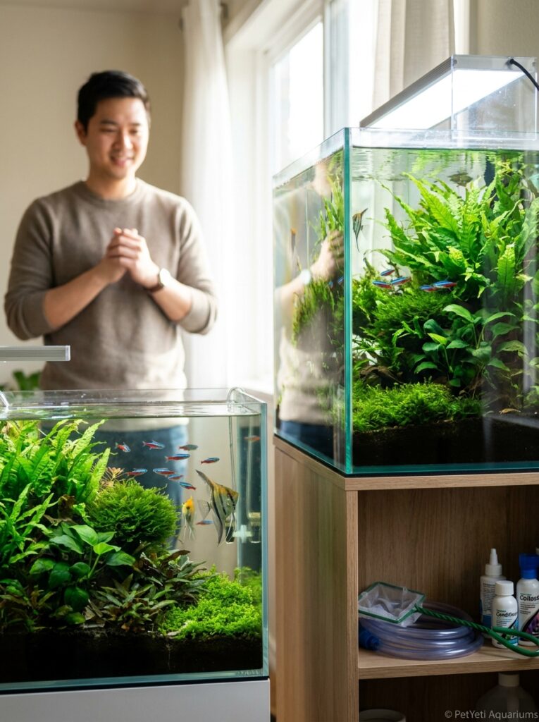 Well-maintained planted aquarium with healthy fish and plants.