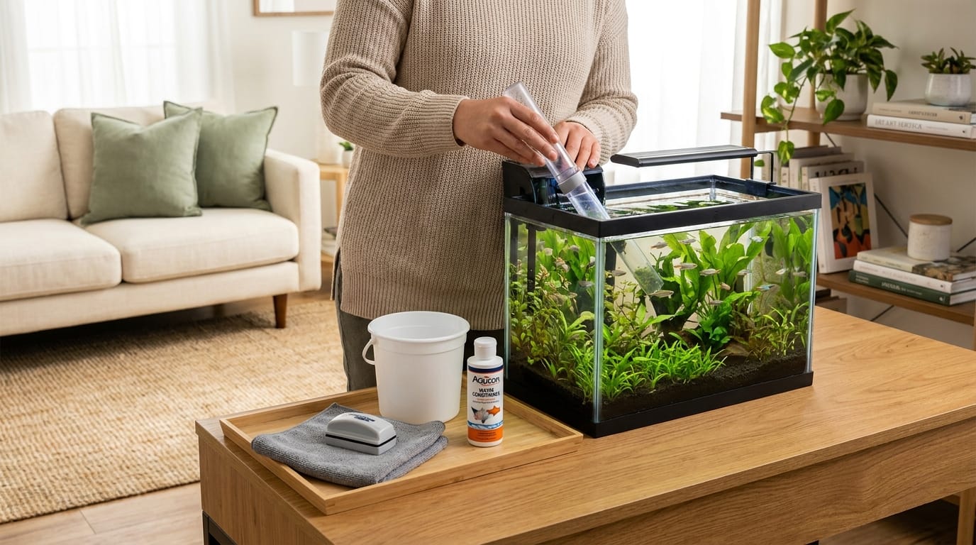 Aquarium cleaning and maintenance guide for a clear beginner freshwater tank in a calm modern home