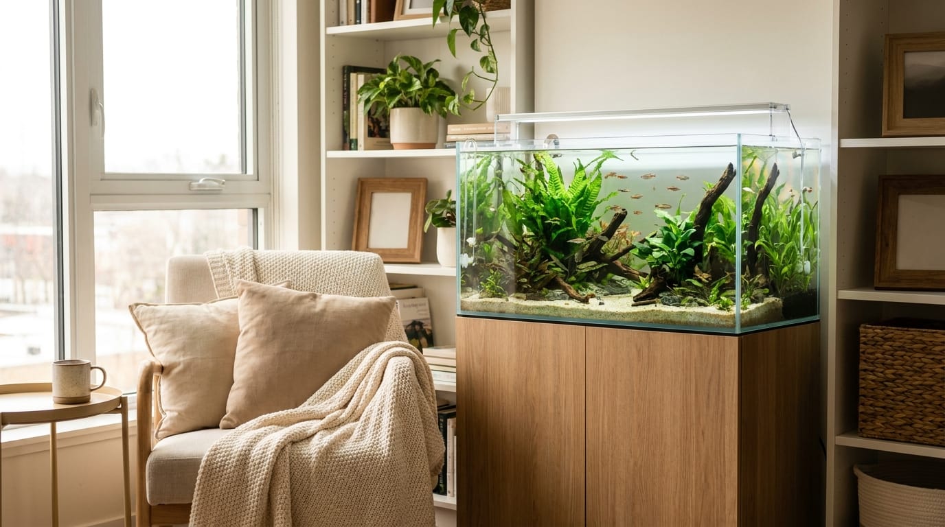 Aquariums by Room Aquariums by room guide showing a calm planted freshwater tank in a cozy modern home.