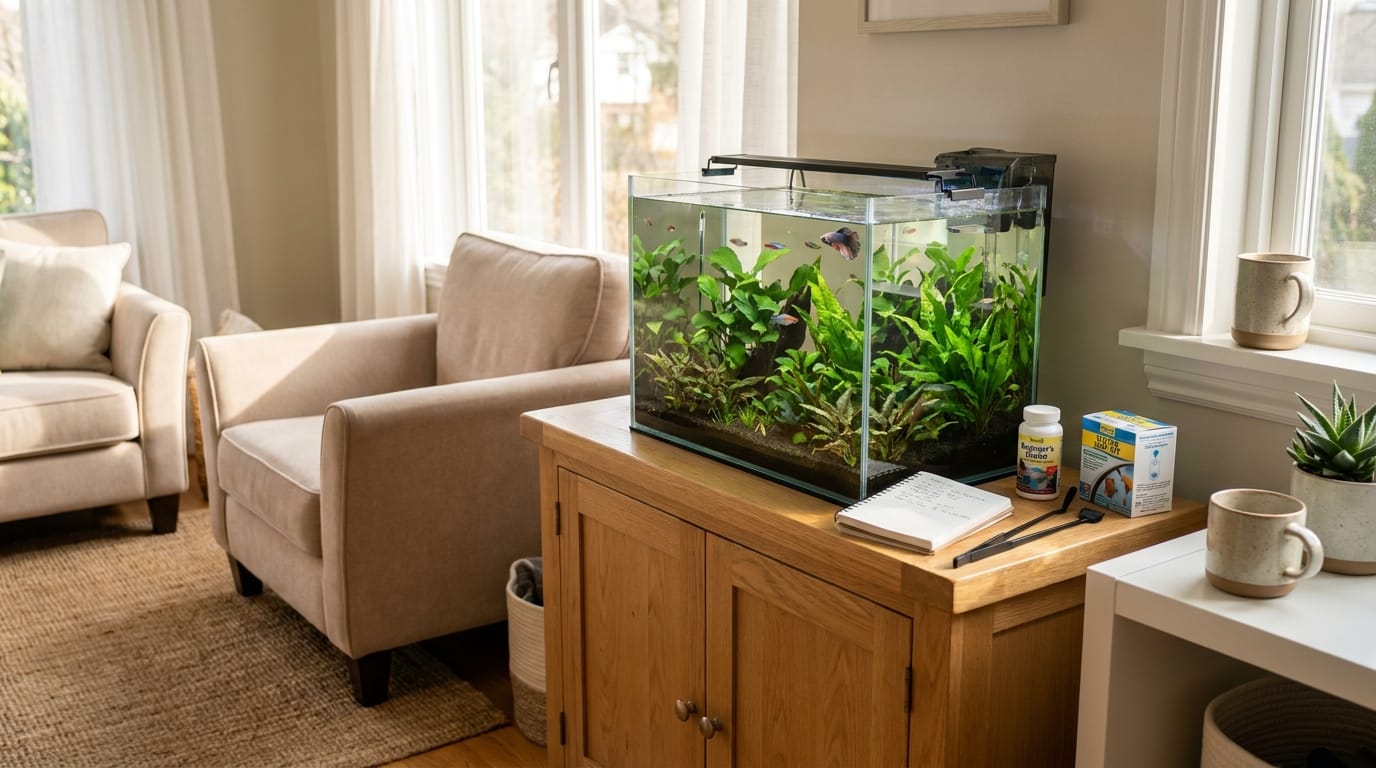 Start Here Aquarium Guide Start Here aquarium guide showing a calm beginner planted tank in a modern home.