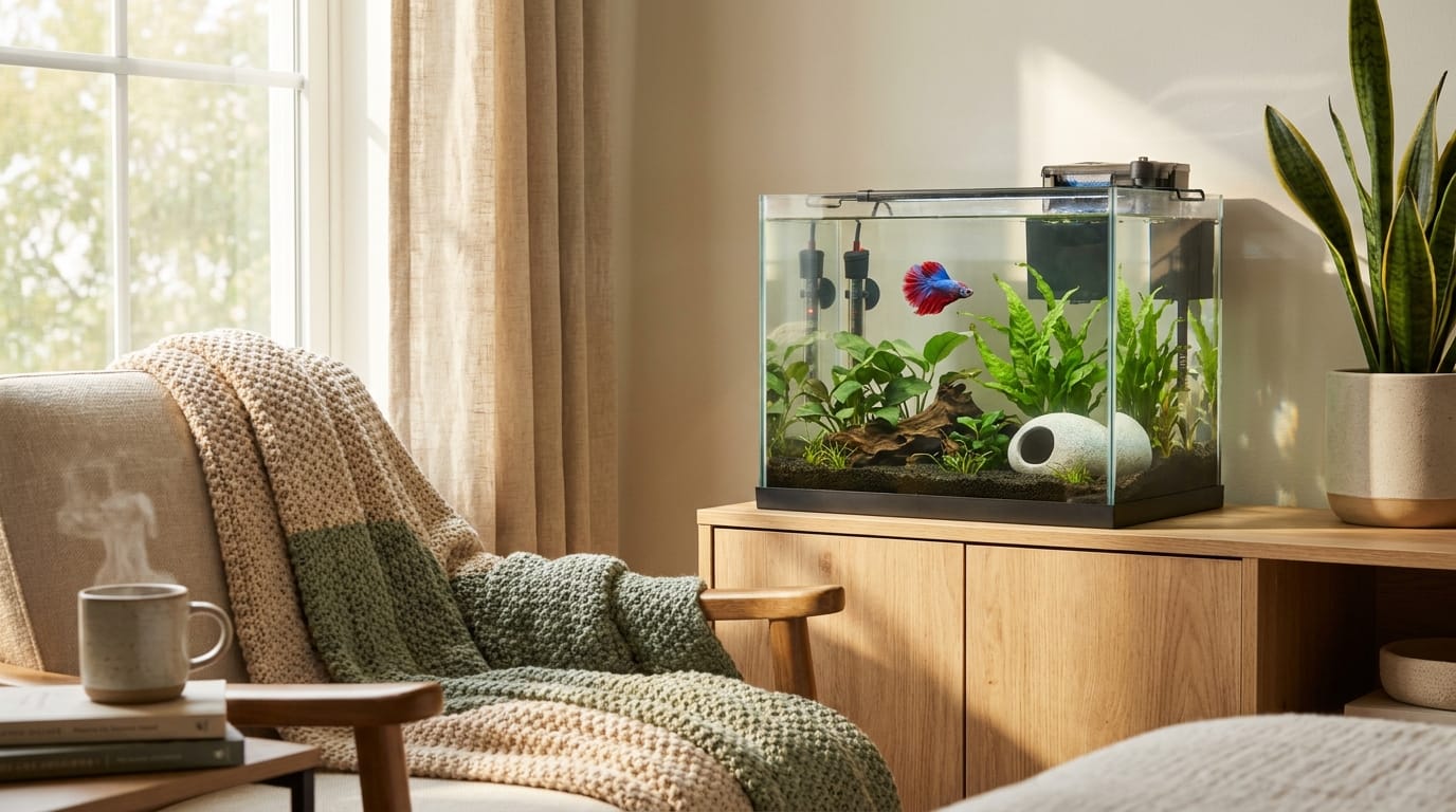 Betta tank setup guide for a calm planted aquarium in a modern home.