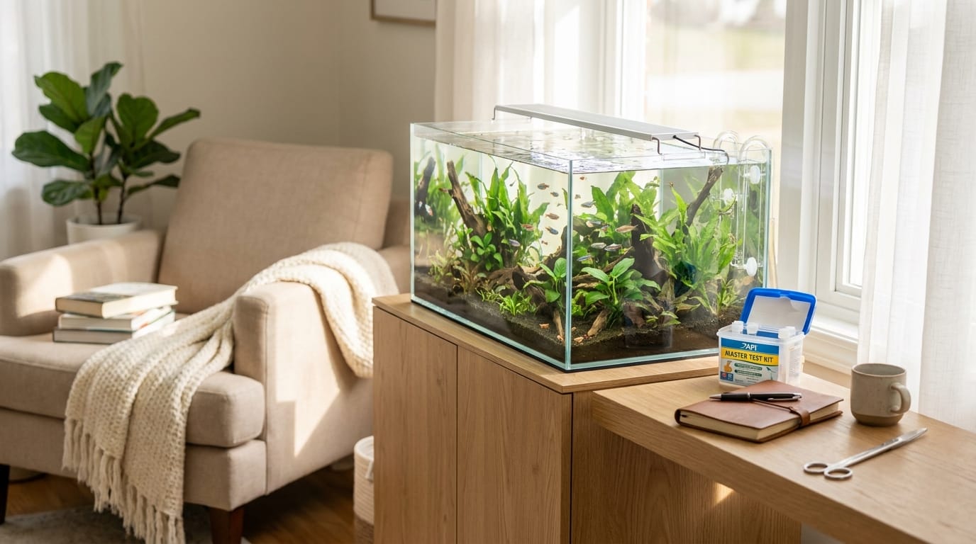 Water quality and cycling guide for a clear planted freshwater aquarium in a calm modern home
